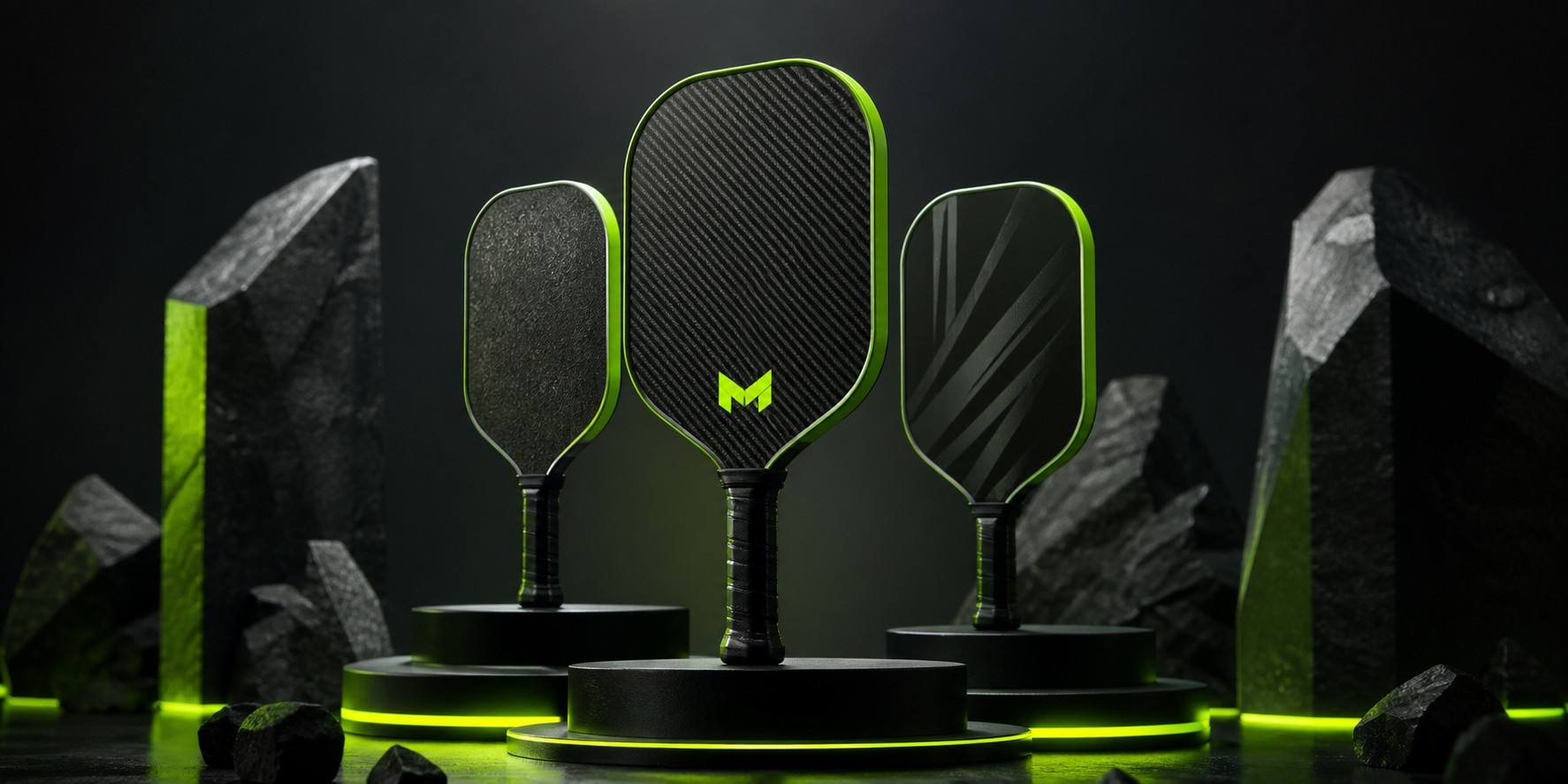 Pickleball Paddle Product Line: Tiered collection of MOZURU paddles representing Entry, Mid, and Elite levels.