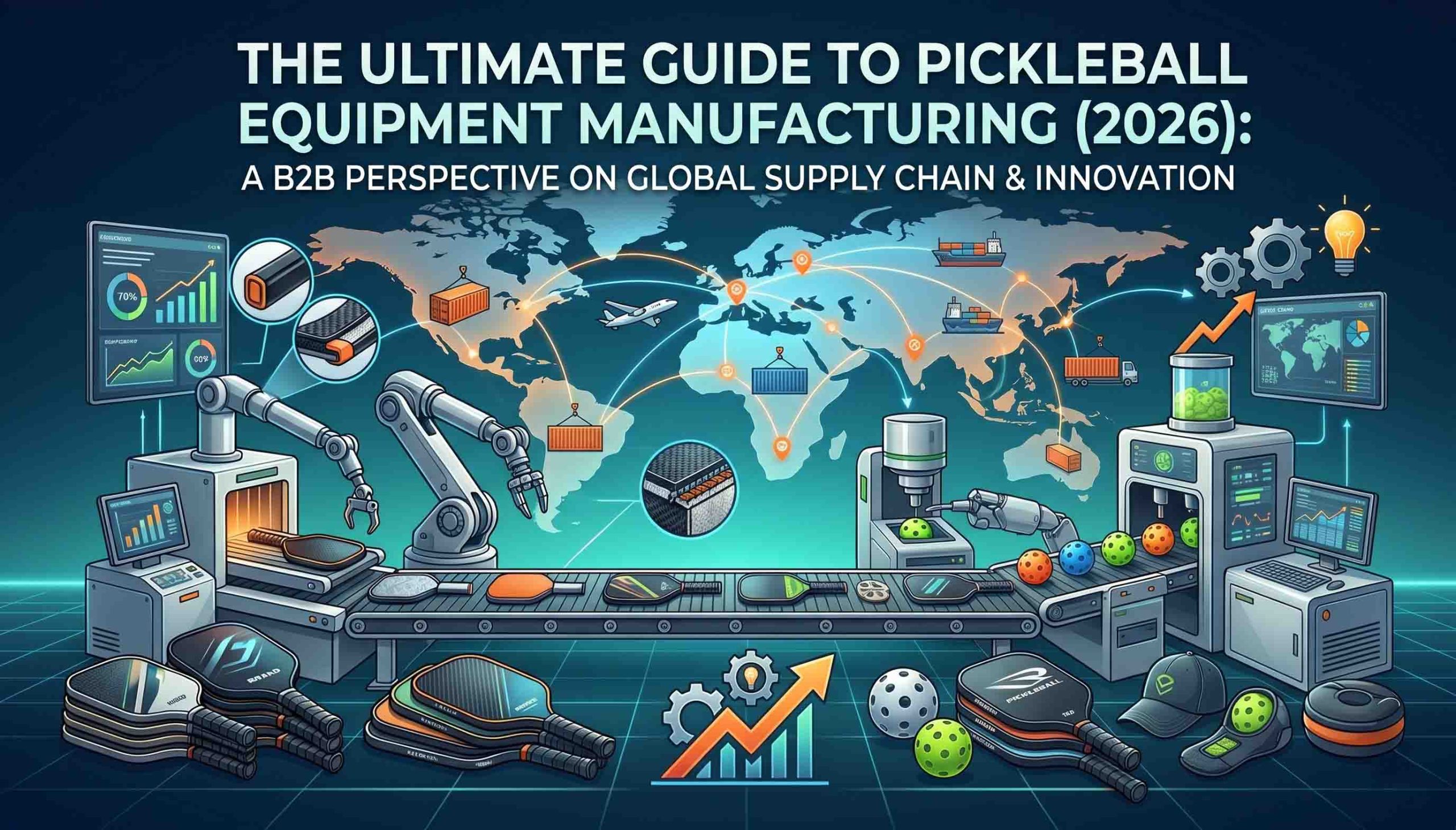 Premium feature banner for the 2026 Pickleball Equipment Manufacturing pillar guide by MOZURU, showcasing high-tech R and D testing of a carbon fiber paddle.