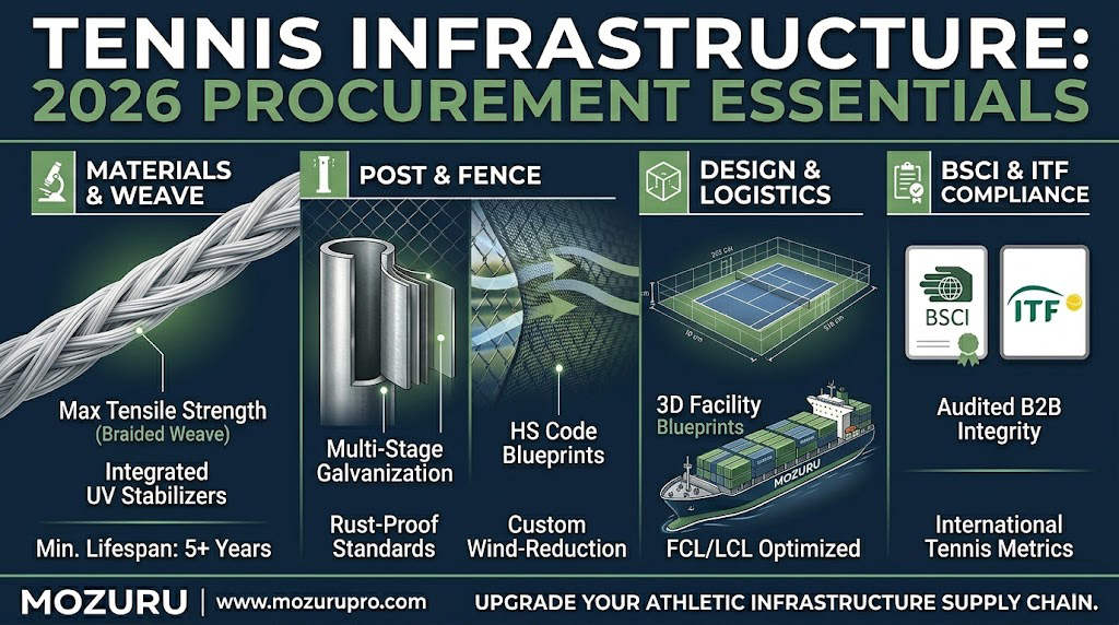 A comprehensive B2B infographic blueprint for a tennis court equipment manufacturer. The visual cleanly outlines materials and weaves using braided HDPE, multi-stage galvanized steel posts, custom wind-reduction fences, photorealistic 3D CAD facility blueprints, FCL shipping containers, and audited BSCI or ITF compliance badges, branded with a white MOZURU logo at the bottom.