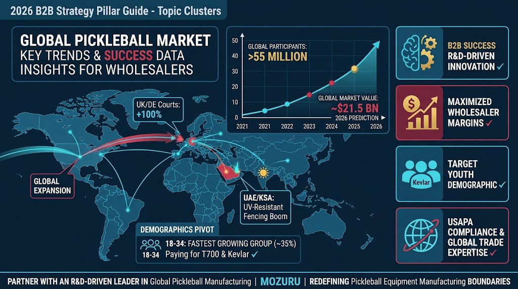 Featured image for the Global Pickleball Market Report 2026, showcasing a T700 carbon fiber paddle from MOZURU being scanned by a precision red laser, with faint holographic charts in the background illustrating key B2B data insights for wholesalers, in a clean, atmospheric industrial tech style.