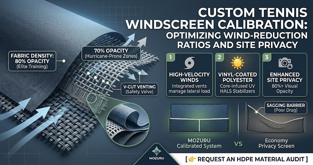 A clean and professional B2B infographic for custom tennis windscreen wholesale. The visual illustrates fabric density calibration, wind-reduction ratio aerodynamics, and premium site privacy mesh textures, branded with a clean white MOZURU logo.