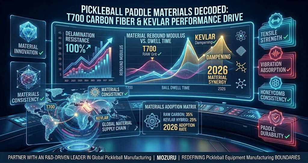 A technical 2D flat vector-style B2B infographic banner for a T700 carbon fiber pickleball paddle manufacturer, demonstrating advanced material science data, Young's modulus charts, and core technology comparisons in a clean blue and graphite gray industrial color scheme.
