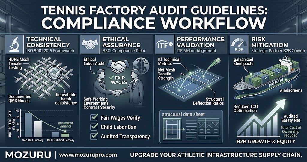 A professional B2B infographic for tennis factory audit guidelines. The visual features ISO, BSCI, and ITF compliance frameworks with a technical audit checklist and quality control icons, branded with a clean white MOZURU logo.