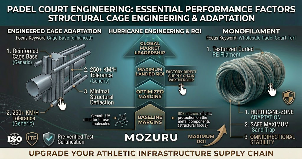 A simplified minimalist 1200x630 B2B engineering infographic for MOZURU Padel Court Wind-Load adaptation, featuring a 3D structural cage base render on the left and a 3D coiled turf render on the right, centered with a clean progress arrow.