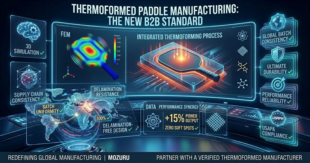 A high-fidelity technical 2D infographic banner for a thermoformed pickleball paddles manufacturer, illustrating the difference between traditional cold press and automated integrated thermoforming molds, featuring carbon-wrapped unibody edges, FEM stress simulation analysis, and a 100% delamination-free guarantee in a dark graphite and cyber blue industrial tech color scheme.