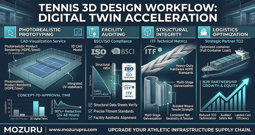 A professional 3D CAD wireframe of a tennis court facility with digital twin equipment models. The visual illustrates the tennis 3D design workflow, accelerating B2B procurement with cyan blueprints and a clean white MOZURU logo.