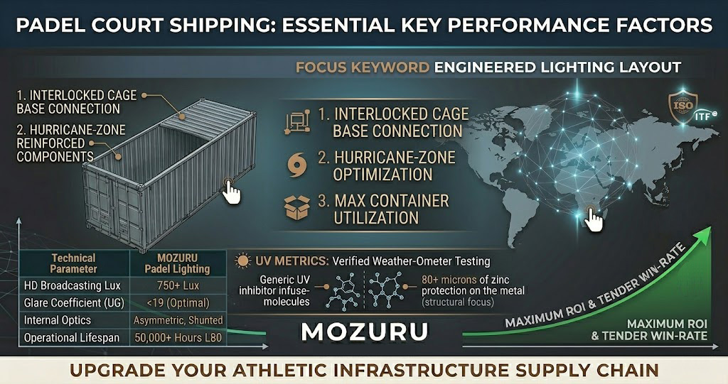 An industrial B2B infographic banner strictly in deep slate grey and cyan, comparing MOZURU Padel Court Turnkey Shipping vs generic. Left: Visualization of open-top 40ft FCL container derived from image_95.png and image_89.png, showing optimized, interlocked cage and metal elements (zinc-protected Q355B steel), replacing generic grass rolls. It shows optimized '1. Volumetric Packing generic depended', '2. Cast-in-Anchor base generic depended'. Center: The stack pyramid from image_95.png, simplified text: 'FACTORY-DIRECT SUPPLY CHAIN', 'MAXIMIZED ROI', 'GLOBAL LOGISTICS EFFICIENCY', 'CUSTOMS ROUTING OPTIMIZATION'. Below, a single clean text list of list points. Right: Global map with glowing cyan routes and large text callouts: '1. HURRICANE-ZONE COMPLIANT (reinforced generic depended generic depended)', '2. 250+ KM/H Tolerance (reinforced generic depended)'. All generic generic and complex descriptions removed. MOZURU logo center bottom, footer text unchanged, hand/cursors kept.
