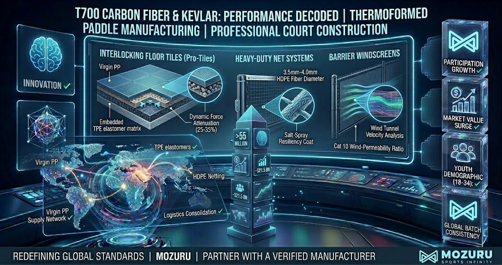 A technical 2D vector-style B2B infographic for a leading pickleball court flooring manufacturer, illustrating interlocking court tiles, heavy-duty net systems, and wind-resistant barrier integration in a graphite gray and cyber blue command center view, featuring the MOZURU geometry logo.