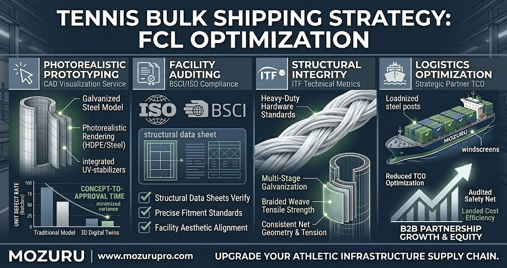 A professional B2B infographic for tennis bulk shipping strategy, illustrating FCL container volume optimization algorithms, logistics cost reductions, and precise HS code classification matrices with a clean white MOZURU logo.