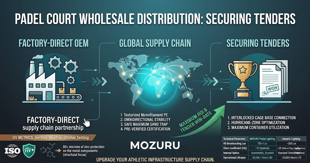 A minimalist B2B infographic banner for MOZURU padel court wholesale distribution networks, connecting factory-direct OEM manufacturing and global supply chains to secure large-scale municipal tenders.