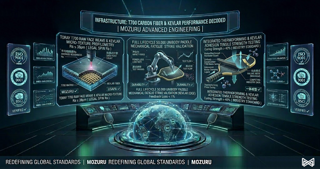 A high-tech 2D vector-style B2B infographic for a USAPA approved pickleball paddle manufacturer, demonstrating automated mechanical fatigue arms, digital roughness gauges, and certified seals for ISO 9001 and BSCI compliance in a dark graphite and glowing cyan industrial theme.