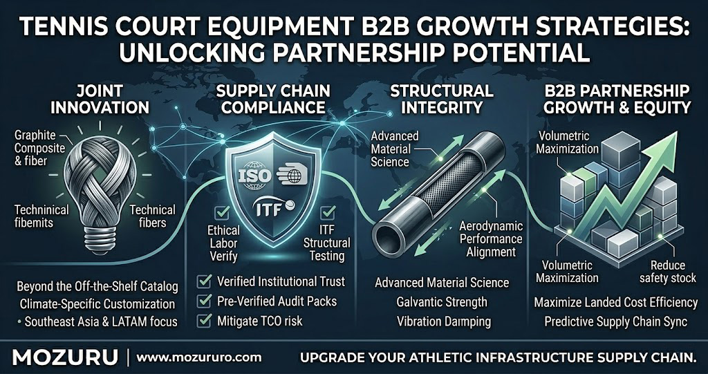 A high-end B2B growth strategy visual for tennis court equipment manufacturing. The design features global trade route overlays, professional growth charts, and strategic factory partnership symbols, branded with a clean white MOZURU logo.