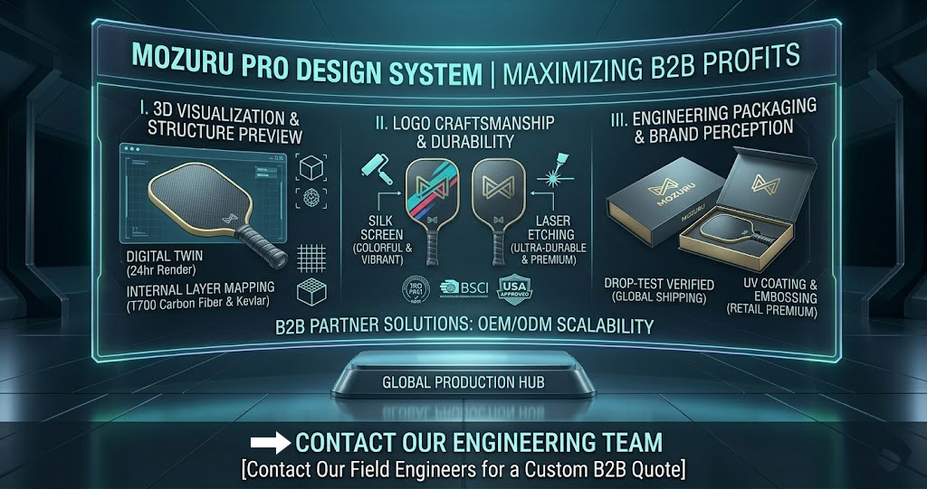 A high-tech 2D vector-style B2B marketing graphic for a custom pickleball paddle OEM manufacturer, displaying a 3D product visualization software interface rendering a premium paddle, detailed silk screen versus laser etching micro-textures, and a premium drop-test verified retail gift box in a cyber cyan theme.
