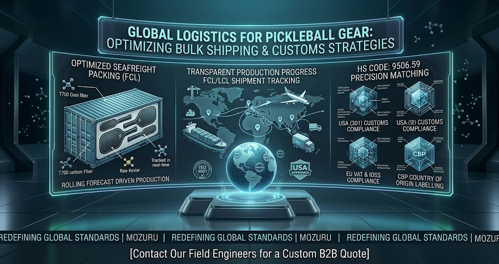 A high-tech digital command center dashboard infographic for Global Logistics for Pickleball Gear, illustrating real-time digital twin simulations of container ship packing and air freight cargo, accurate HS Code classification mapping, and seasonal stock monitoring in a cyber cyan and graphite gray professional studio environment.