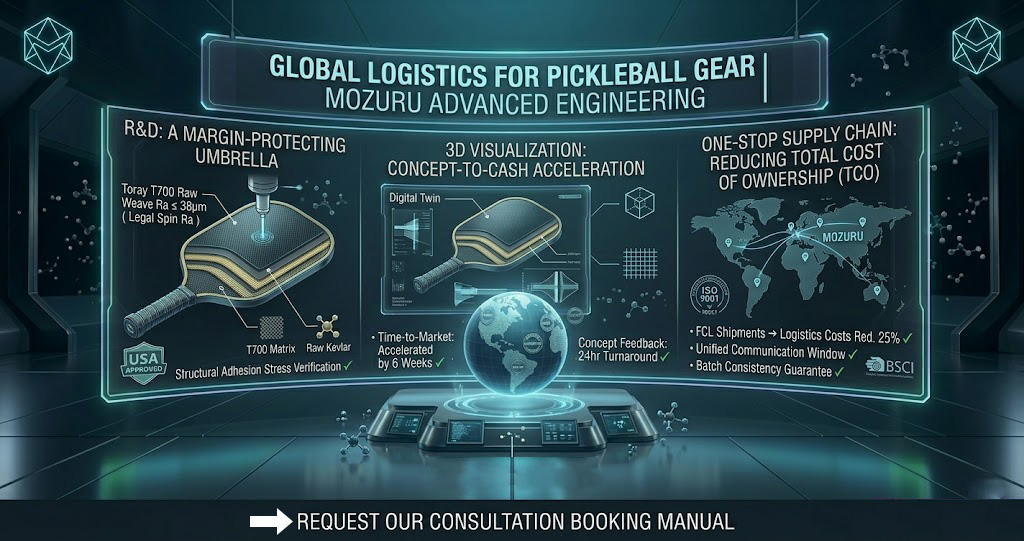 A high-tech B2B engineering consultation dashboard infographic for choosing a pickleball manufacturing partner, featuring transparent 3D pickleball paddle CAD models with Toray T700 and raw Kevlar layering analysis, a global multi-modal supply chain map showing centralized nodes and TCO optimization data, all set in a dark graphite and cyber cyan future command center studio with the official MOZURU logo integrated seamlessly.
