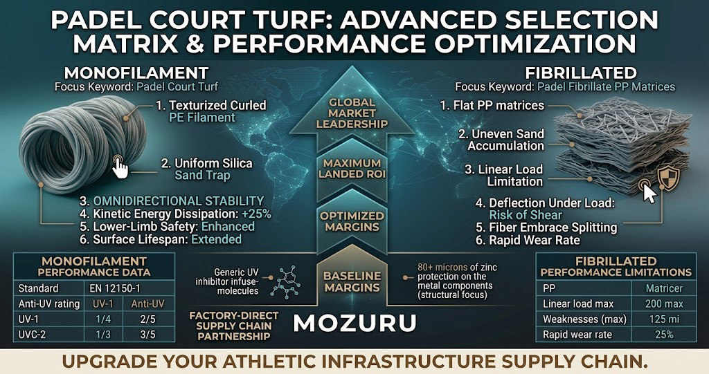 A clean minimalist 1200x630 B2B infographic comparing Padel Court Turf Monofilament vs Fibrillated structures, featuring 3D fiber renders and a white MOZURU logo.