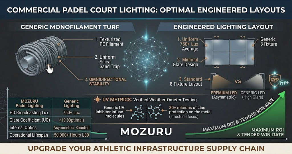 Commercial Padel Court Lighting engineered layouts by MOZURU, presenting 3D monofilament turf and top-down lux distribution matrix.