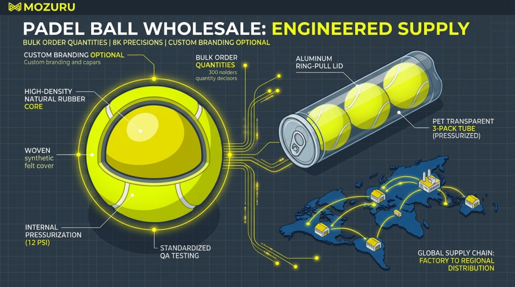A professional 1200x630 B2B infographic for MOZURU Padel Balls Bulk sourcing, showcasing fluorescent yellow tournament balls, an engineered pressurized tube, and global supply chain map.