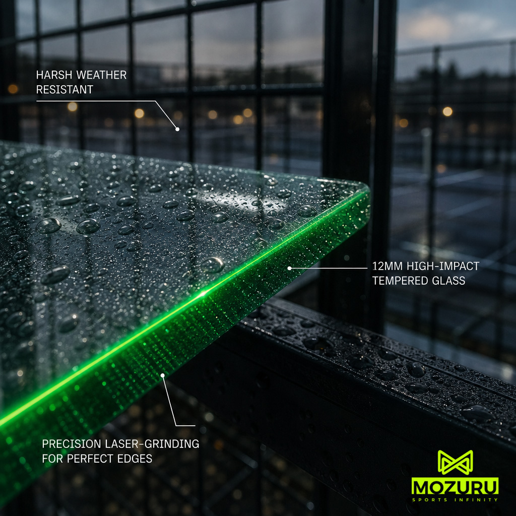 Court Sourcing Logic: Technical close-up of 12mm high-impact tempered glass with rain texture.
