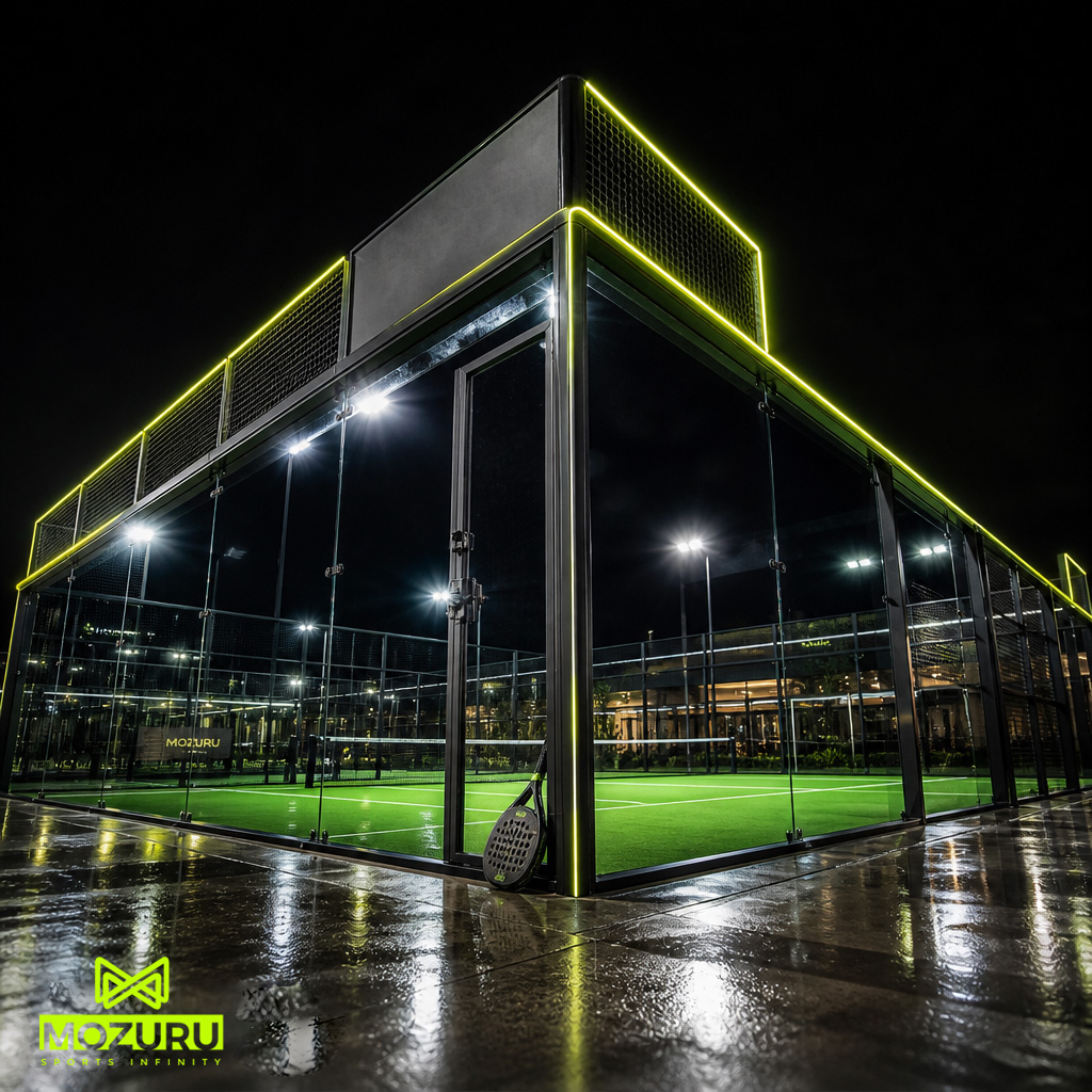 Court Sourcing Logic: Hero shot of a complete MOZURU Padel arena with vibrant green turf.