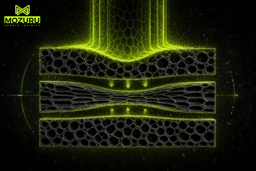 Racket Durability: Extreme macro shot of MOZURU Padel racket undergoing industrial fatigue impact testing.