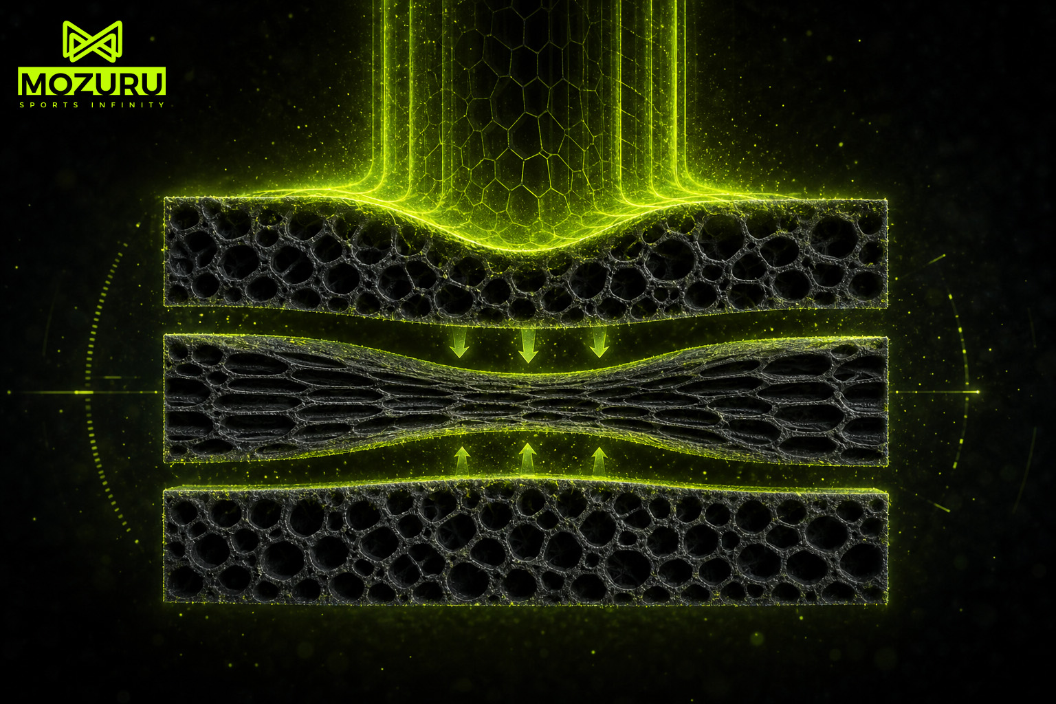 Racket Durability: Extreme macro shot of MOZURU Padel racket undergoing industrial fatigue impact testing.