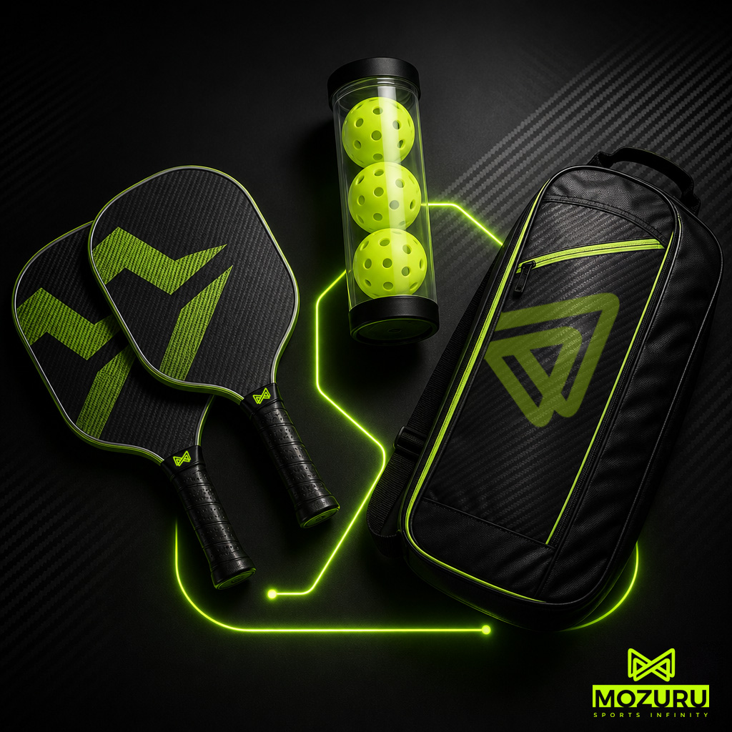 MOZURU Private-Label Pickleball Bundle Visualization A MOZURU private-label pickleball starter kit bundle featuring custom-branded paddles and gear.